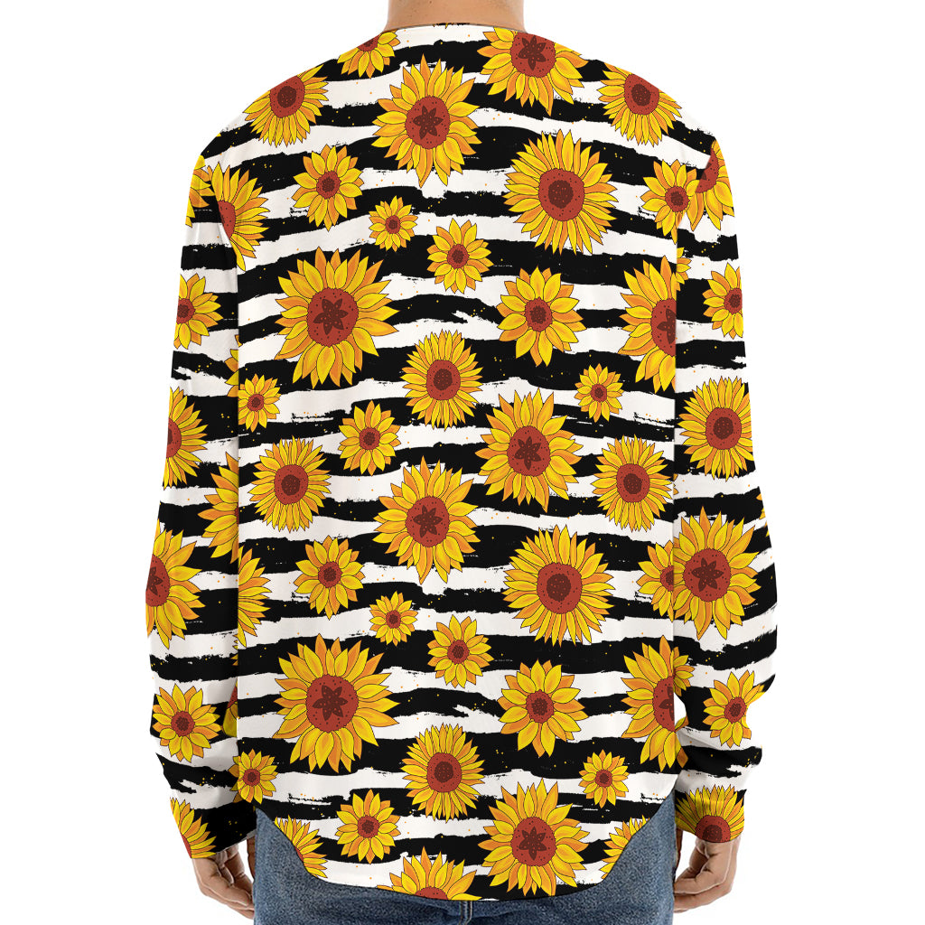 White And Black Stripe Sunflower Print Long Sleeve Baseball Jersey