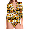 White And Black Stripe Sunflower Print Long Sleeve Swimsuit