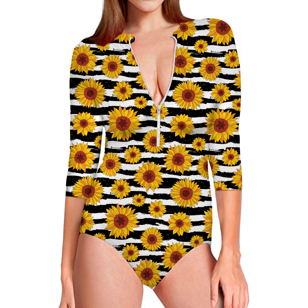 White And Black Stripe Sunflower Print Long Sleeve Swimsuit