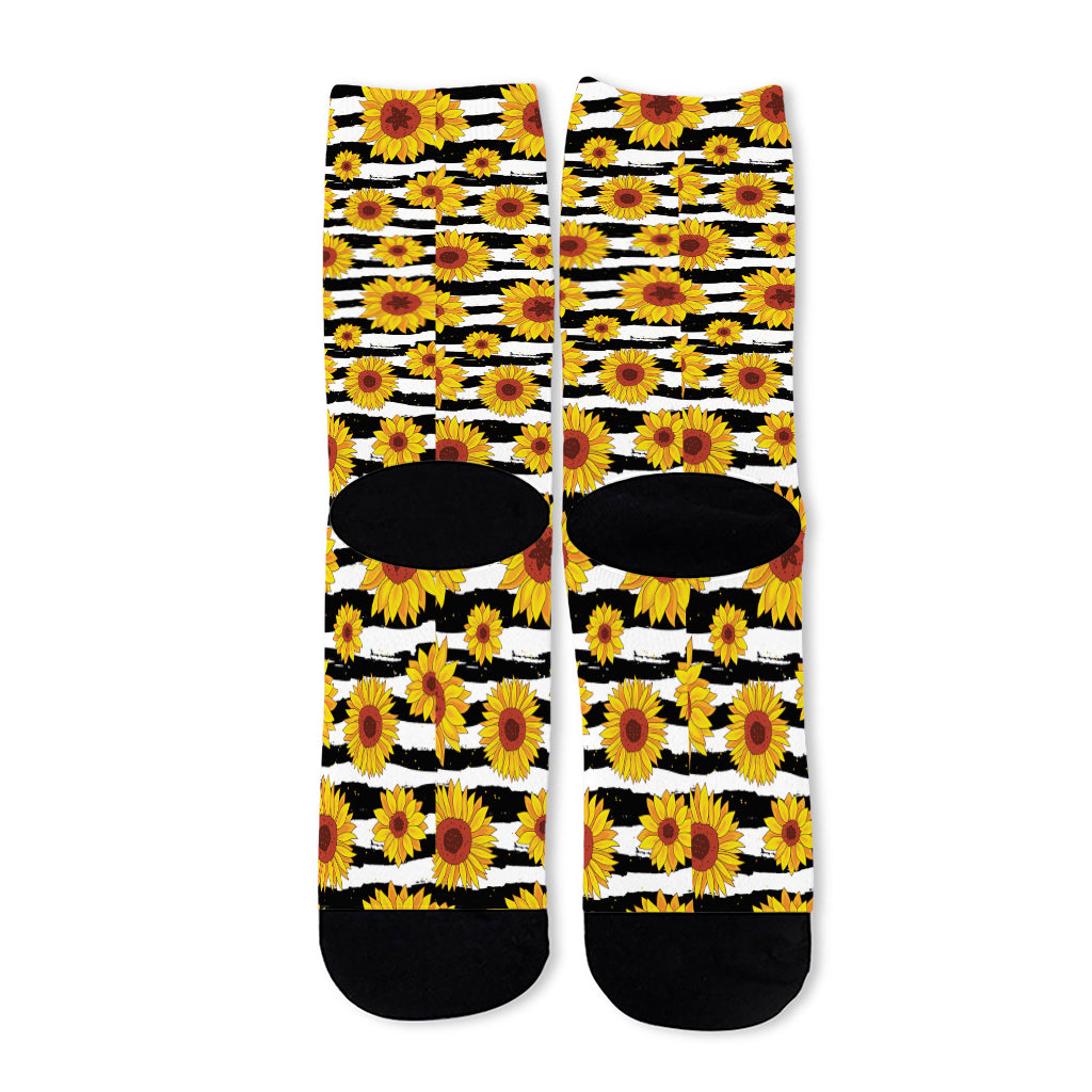 White And Black Stripe Sunflower Print Long Socks