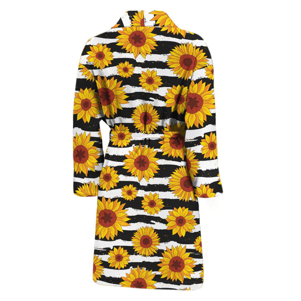 White And Black Stripe Sunflower Print Men's Bathrobe