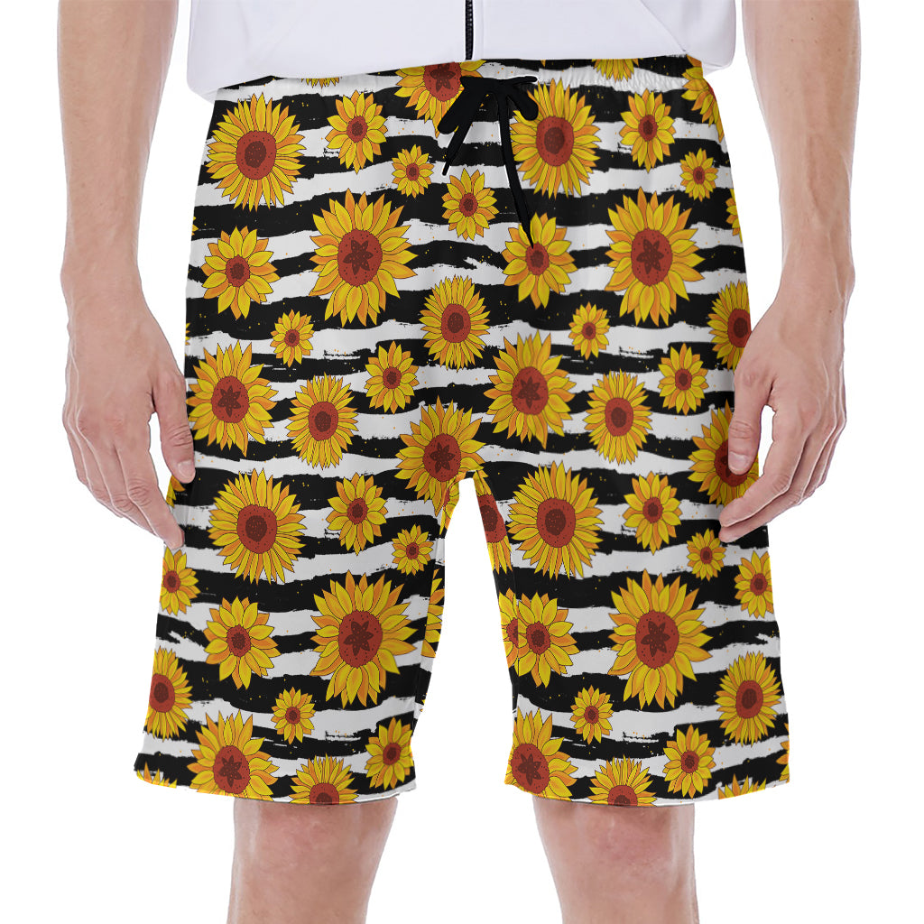 White And Black Stripe Sunflower Print Men's Beach Shorts