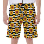 White And Black Stripe Sunflower Print Men's Beach Shorts