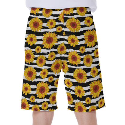 White And Black Stripe Sunflower Print Men's Beach Shorts