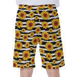 White And Black Stripe Sunflower Print Men's Beach Shorts