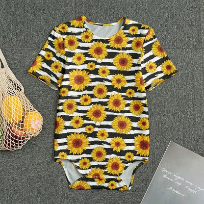 White And Black Stripe Sunflower Print Men's Bodysuit