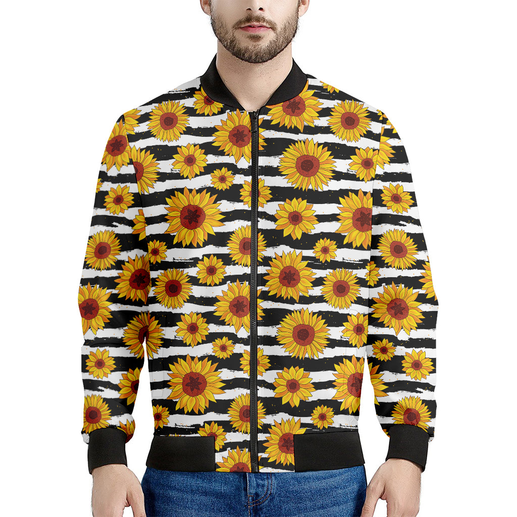White And Black Stripe Sunflower Print Men's Bomber Jacket