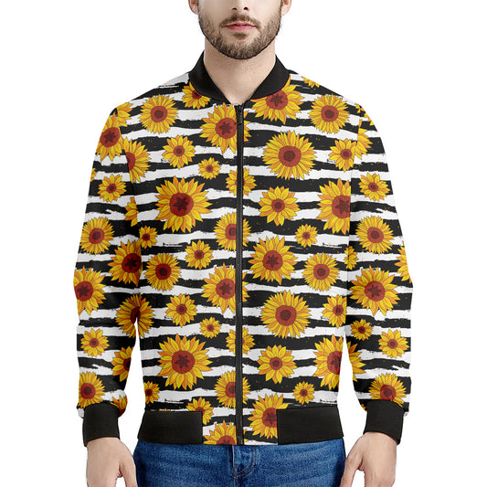 White And Black Stripe Sunflower Print Men's Bomber Jacket