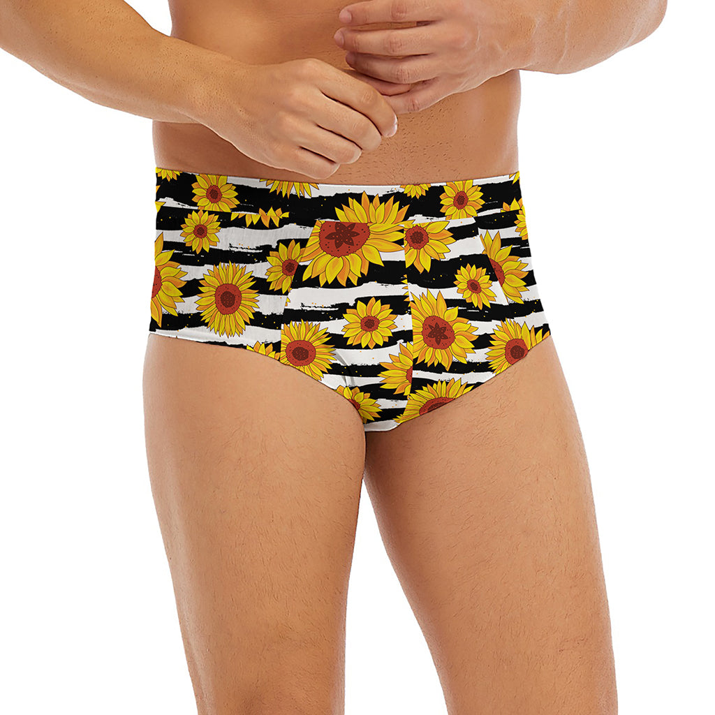 White And Black Stripe Sunflower Print Men's Briefs