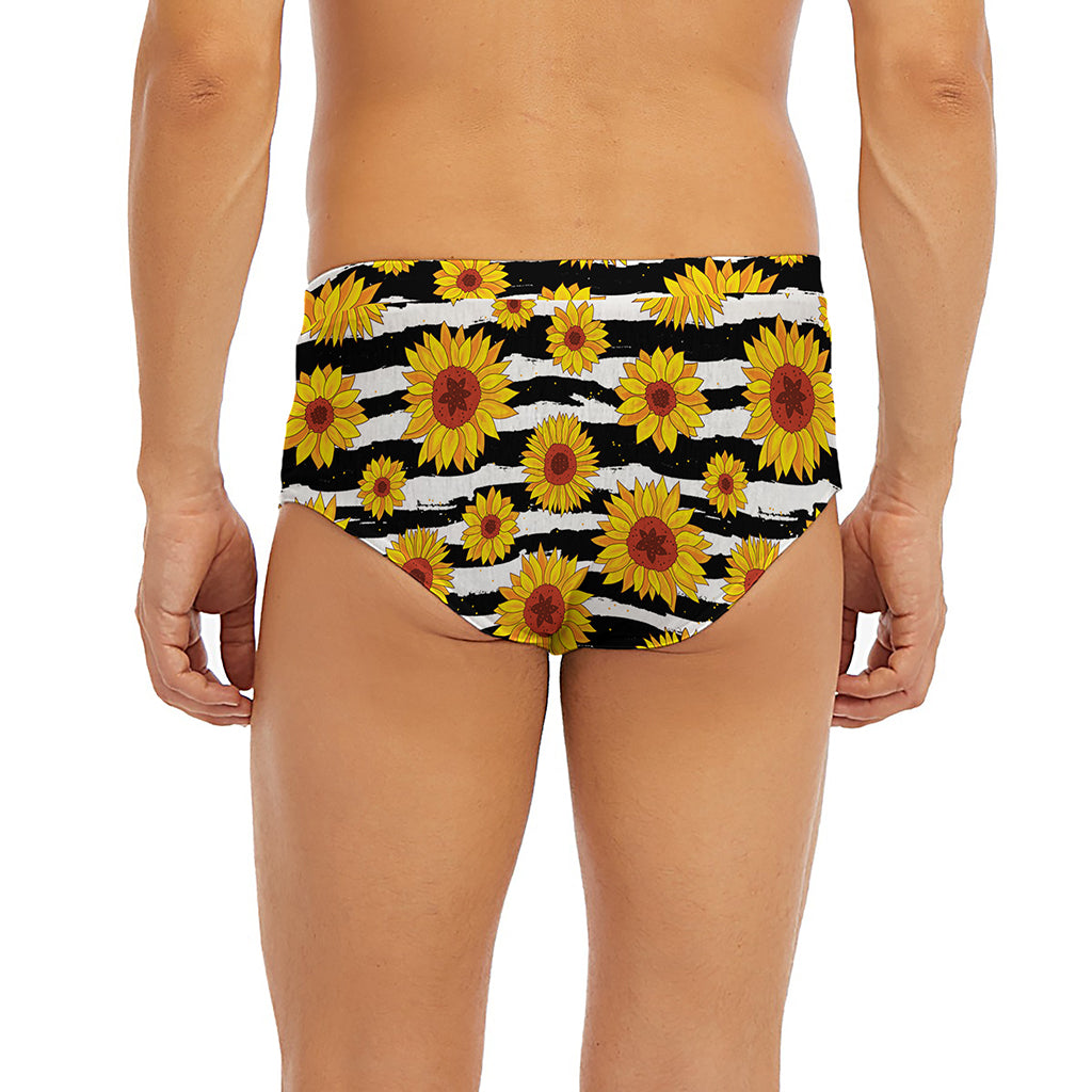 White And Black Stripe Sunflower Print Men's Briefs