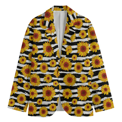 White And Black Stripe Sunflower Print Men's Cotton Blazer