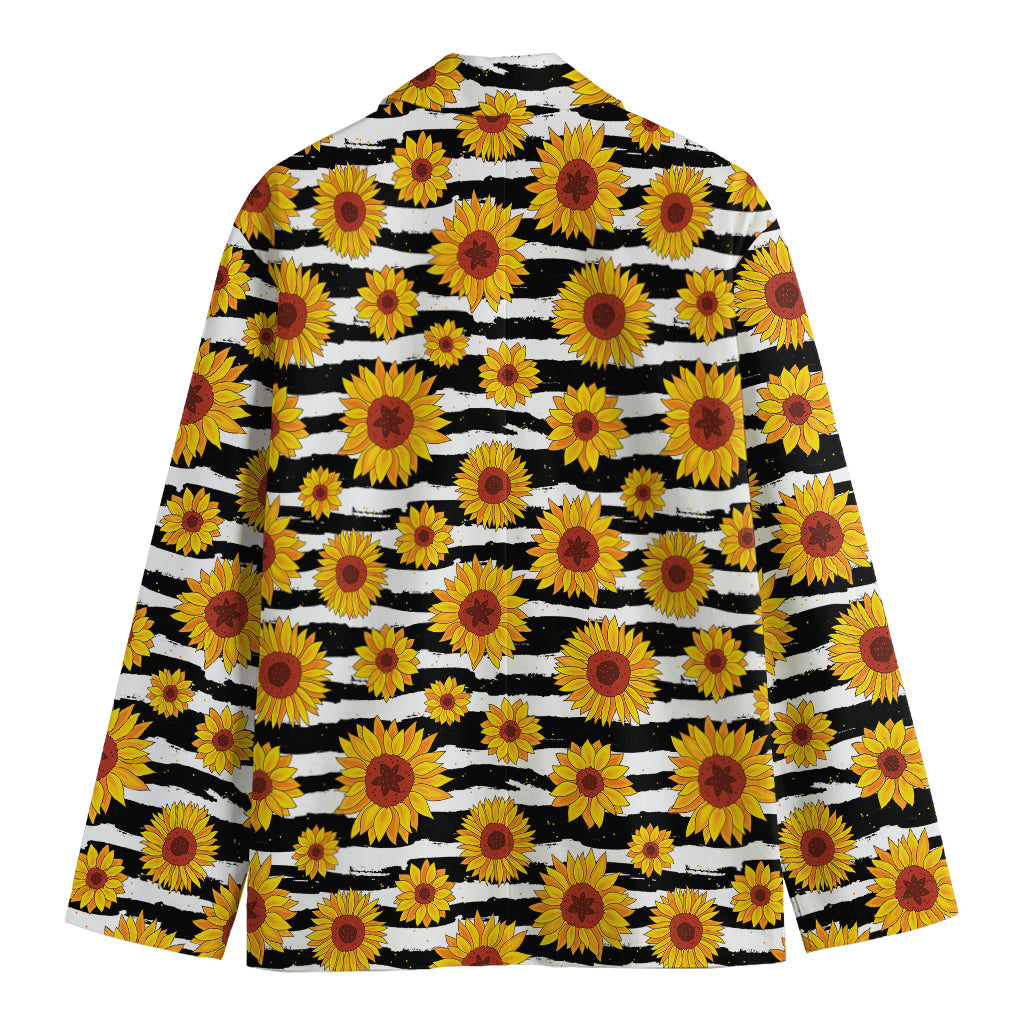 White And Black Stripe Sunflower Print Men's Cotton Blazer