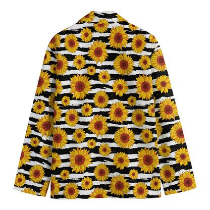 White And Black Stripe Sunflower Print Men's Cotton Blazer