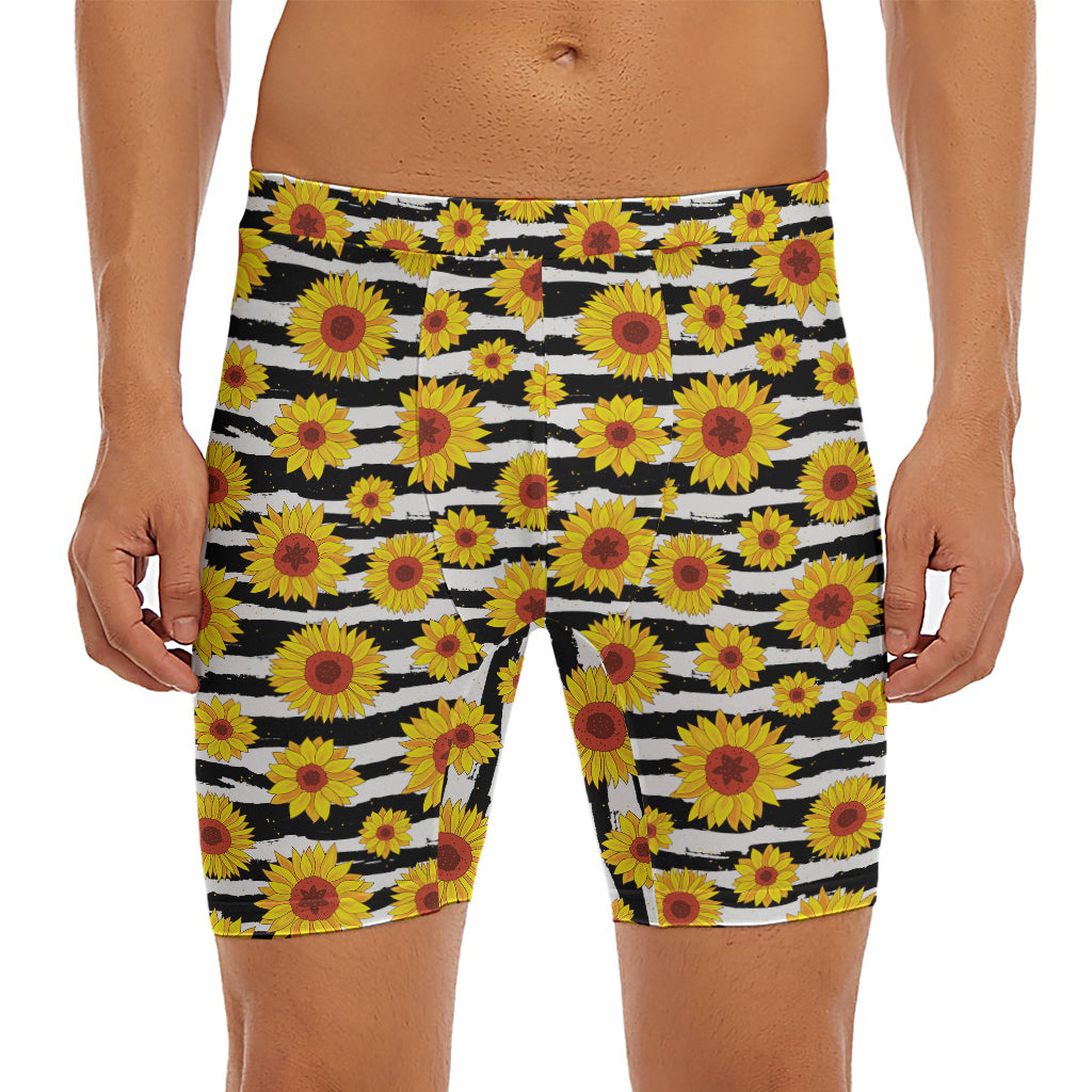 White And Black Stripe Sunflower Print Men's Long Boxer Briefs