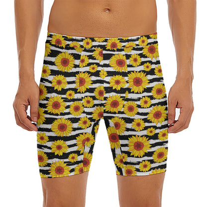 White And Black Stripe Sunflower Print Men's Long Boxer Briefs