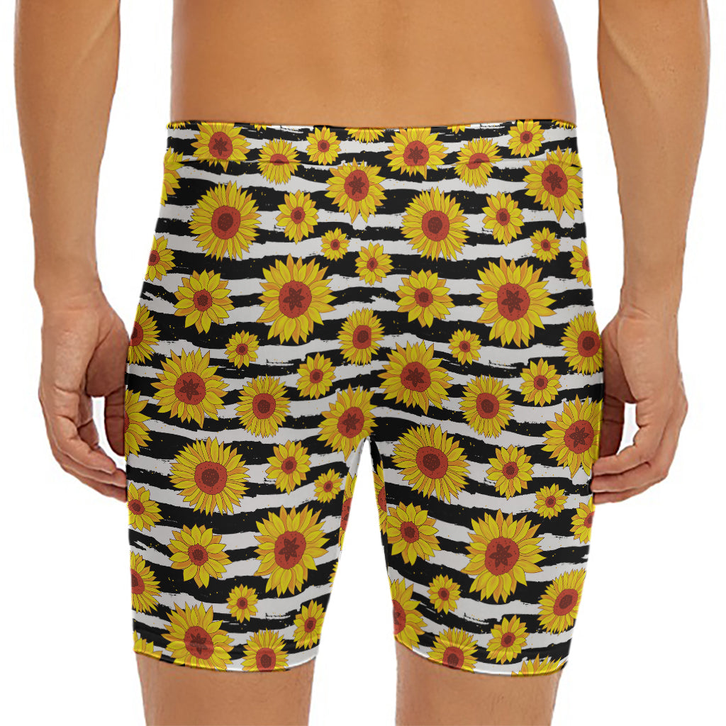 White And Black Stripe Sunflower Print Men's Long Boxer Briefs