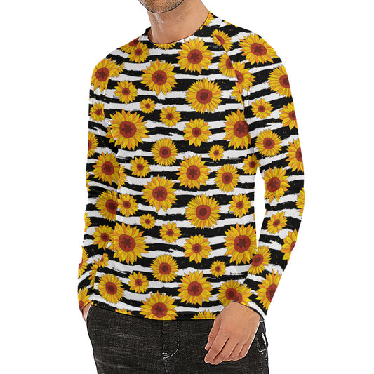 White And Black Stripe Sunflower Print Men's Long Sleeve Rash Guard