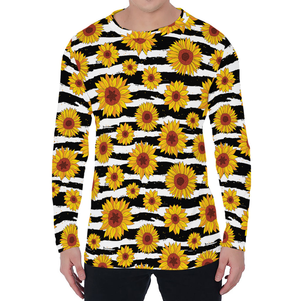 White And Black Stripe Sunflower Print Men's Long Sleeve T-Shirt