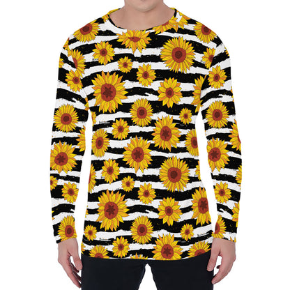 White And Black Stripe Sunflower Print Men's Long Sleeve T-Shirt