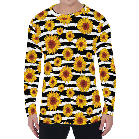 White And Black Stripe Sunflower Print Men's Long Sleeve T-Shirt