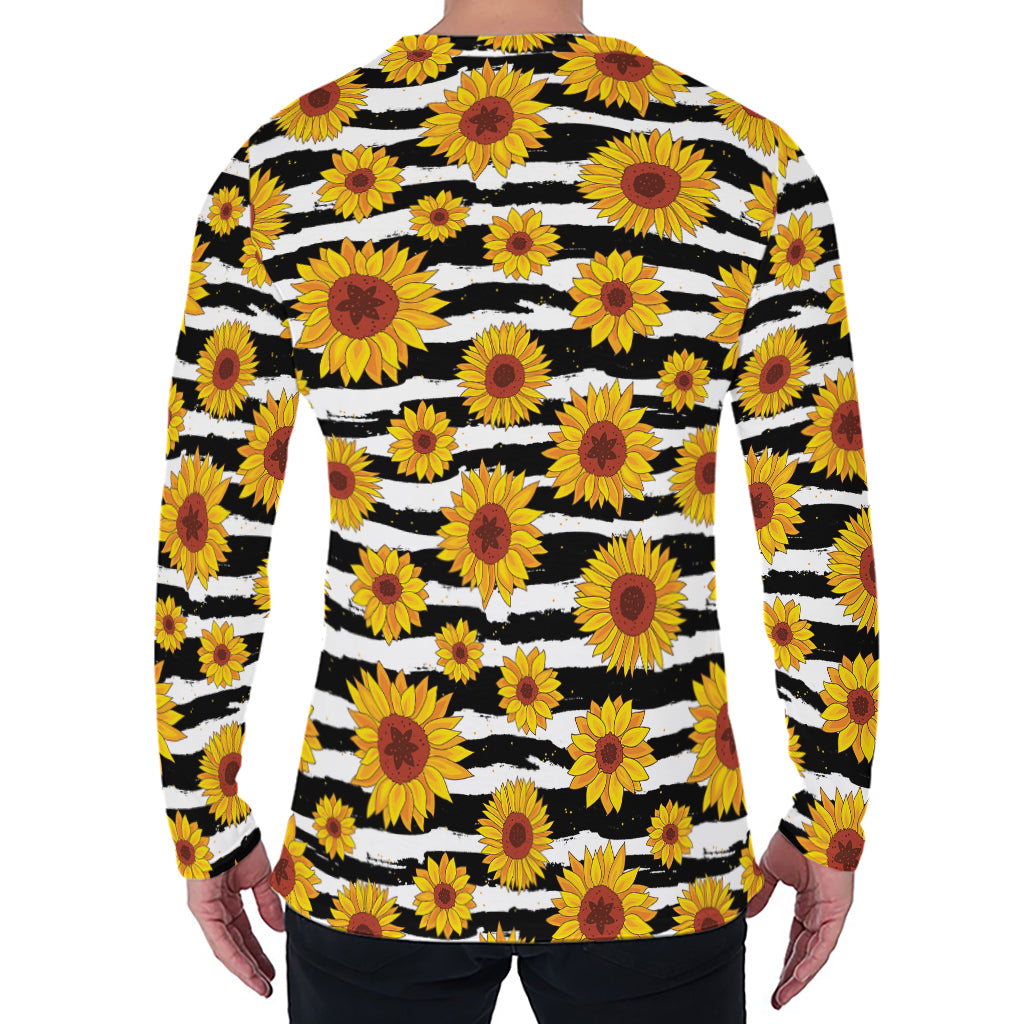 White And Black Stripe Sunflower Print Men's Long Sleeve T-Shirt