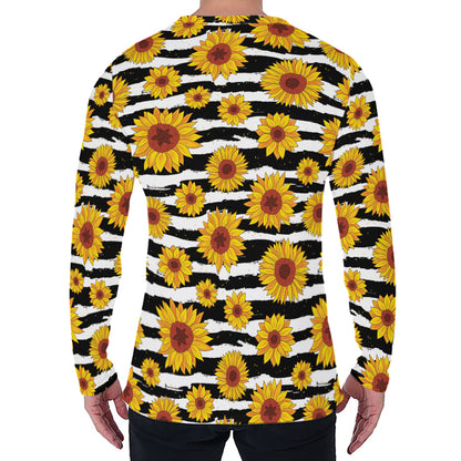 White And Black Stripe Sunflower Print Men's Long Sleeve T-Shirt