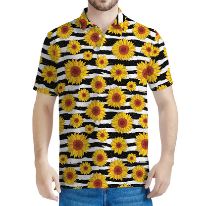 White And Black Stripe Sunflower Print Men's Polo Shirt