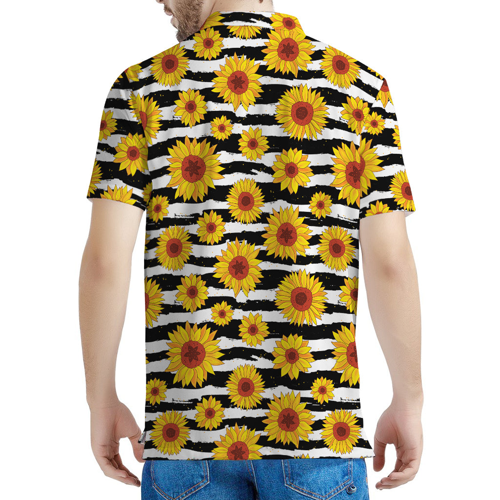 White And Black Stripe Sunflower Print Men's Polo Shirt