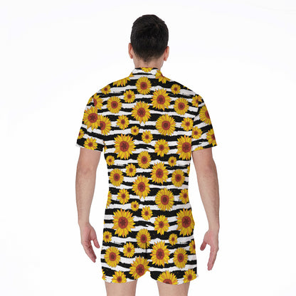 White And Black Stripe Sunflower Print Men's Rompers
