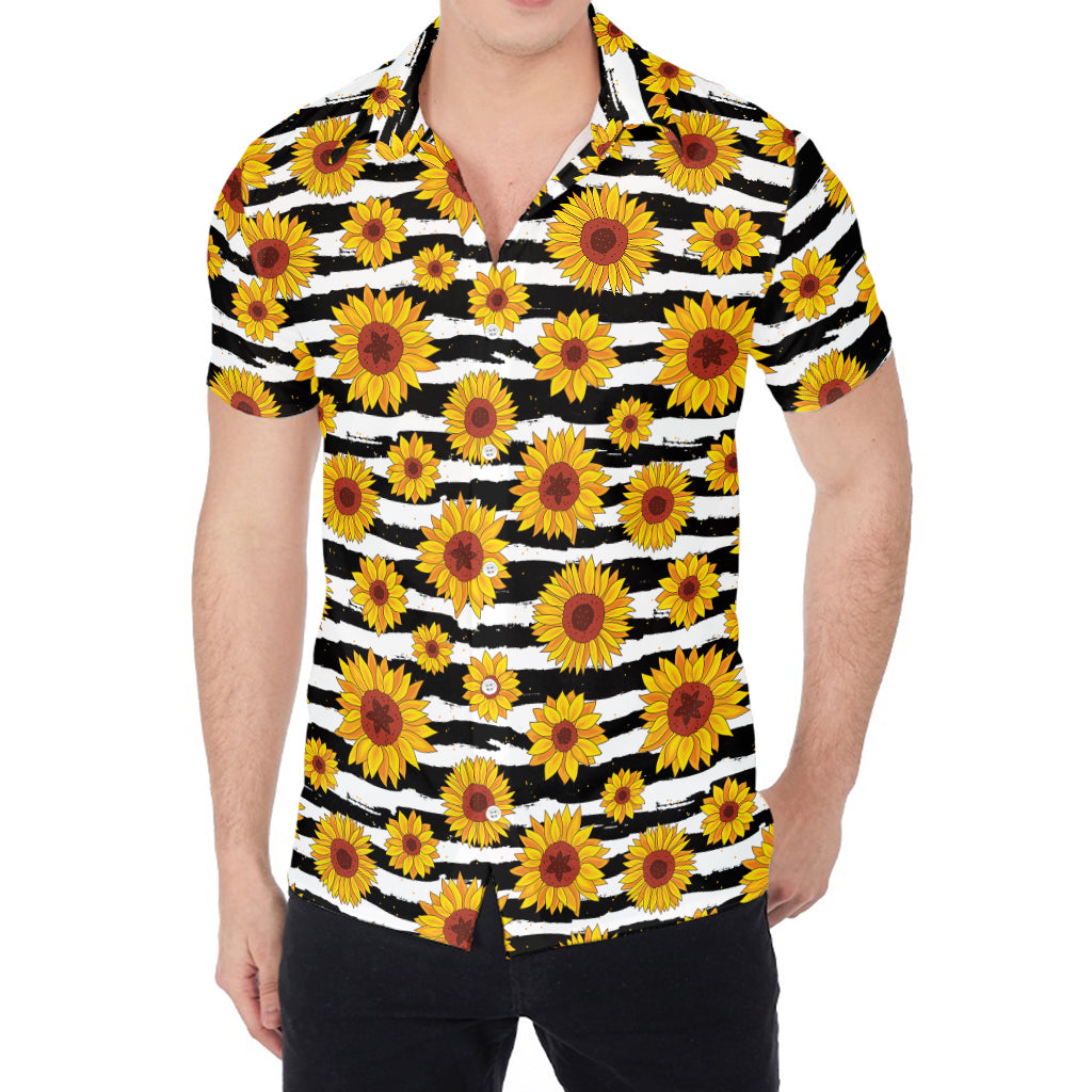 White And Black Stripe Sunflower Print Men's Shirt
