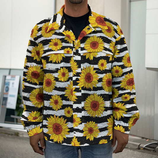 White And Black Stripe Sunflower Print Men's Shirt Jacket