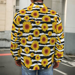 White And Black Stripe Sunflower Print Men's Shirt Jacket