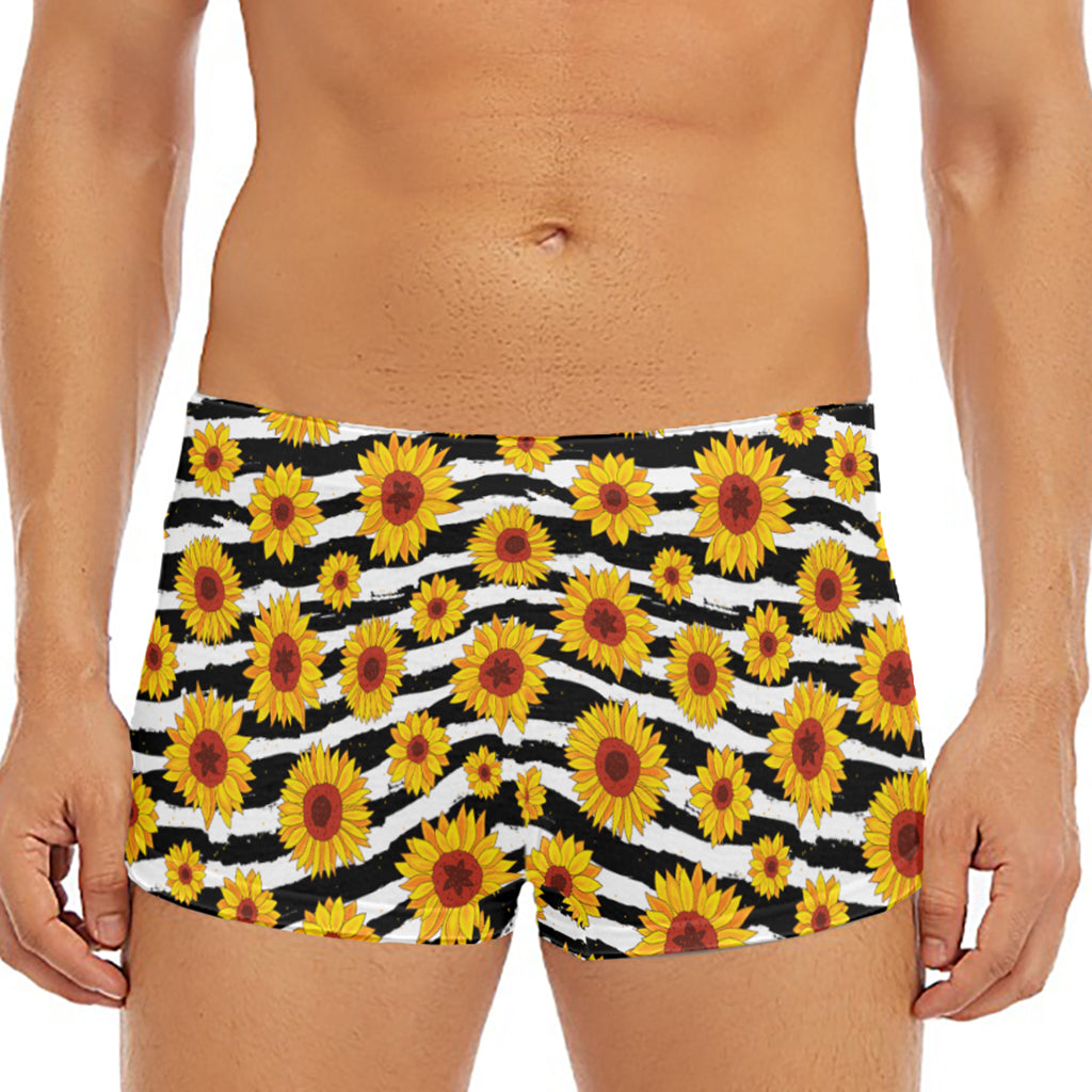 White And Black Stripe Sunflower Print Men's Short Boxer Briefs