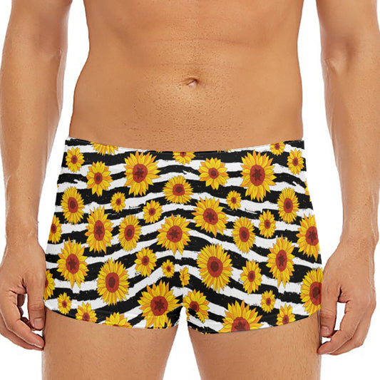 White And Black Stripe Sunflower Print Men's Short Boxer Briefs