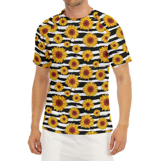 White And Black Stripe Sunflower Print Men's Short Sleeve Rash Guard