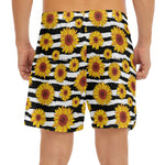 White And Black Stripe Sunflower Print Men's Split Running Shorts