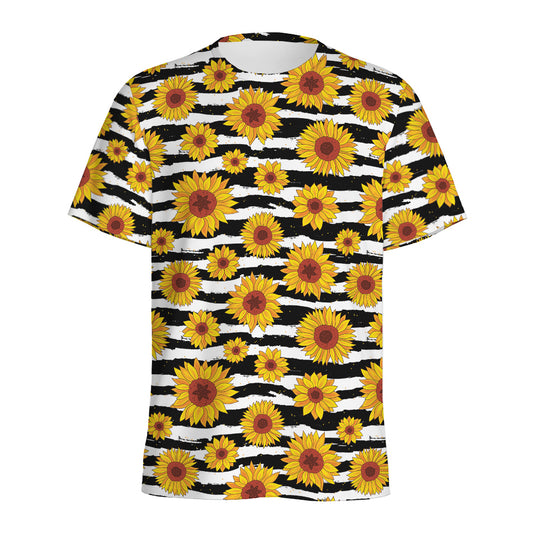 White And Black Stripe Sunflower Print Men's Sports T-Shirt