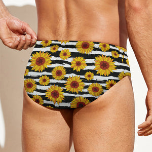 White And Black Stripe Sunflower Print Men's Swim Briefs