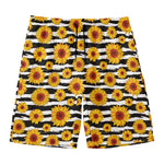 White And Black Stripe Sunflower Print Men's Swim Trunks