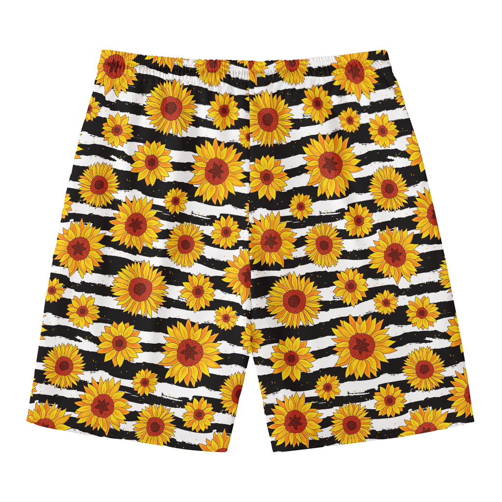 White And Black Stripe Sunflower Print Men's Swim Trunks