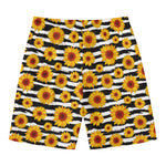 White And Black Stripe Sunflower Print Men's Swim Trunks