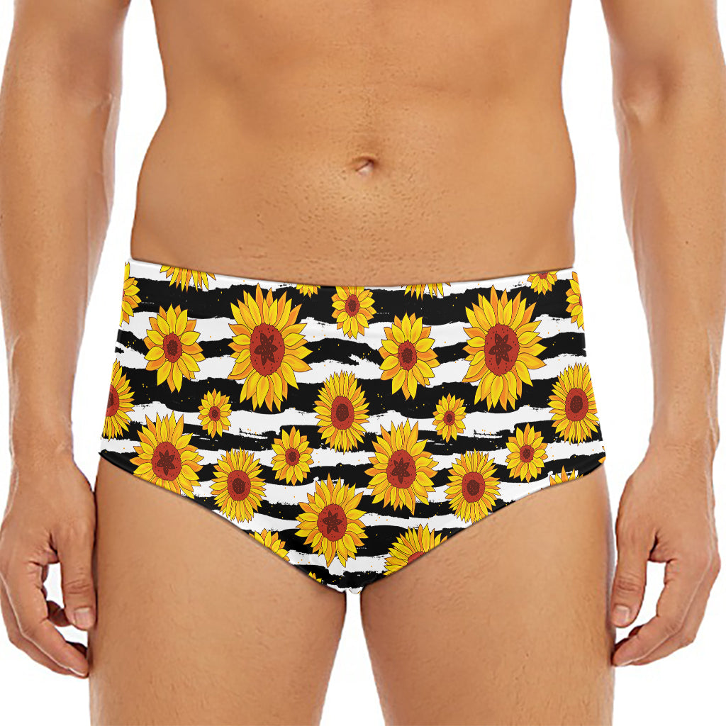 White And Black Stripe Sunflower Print Men's Triangle Swim Briefs