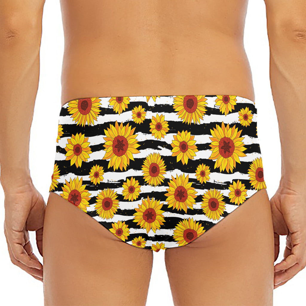 White And Black Stripe Sunflower Print Men's Triangle Swim Briefs