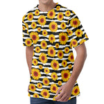 White And Black Stripe Sunflower Print Men's Velvet T-Shirt