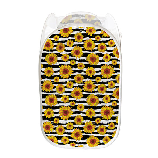 White And Black Stripe Sunflower Print Mesh Laundry Hamper