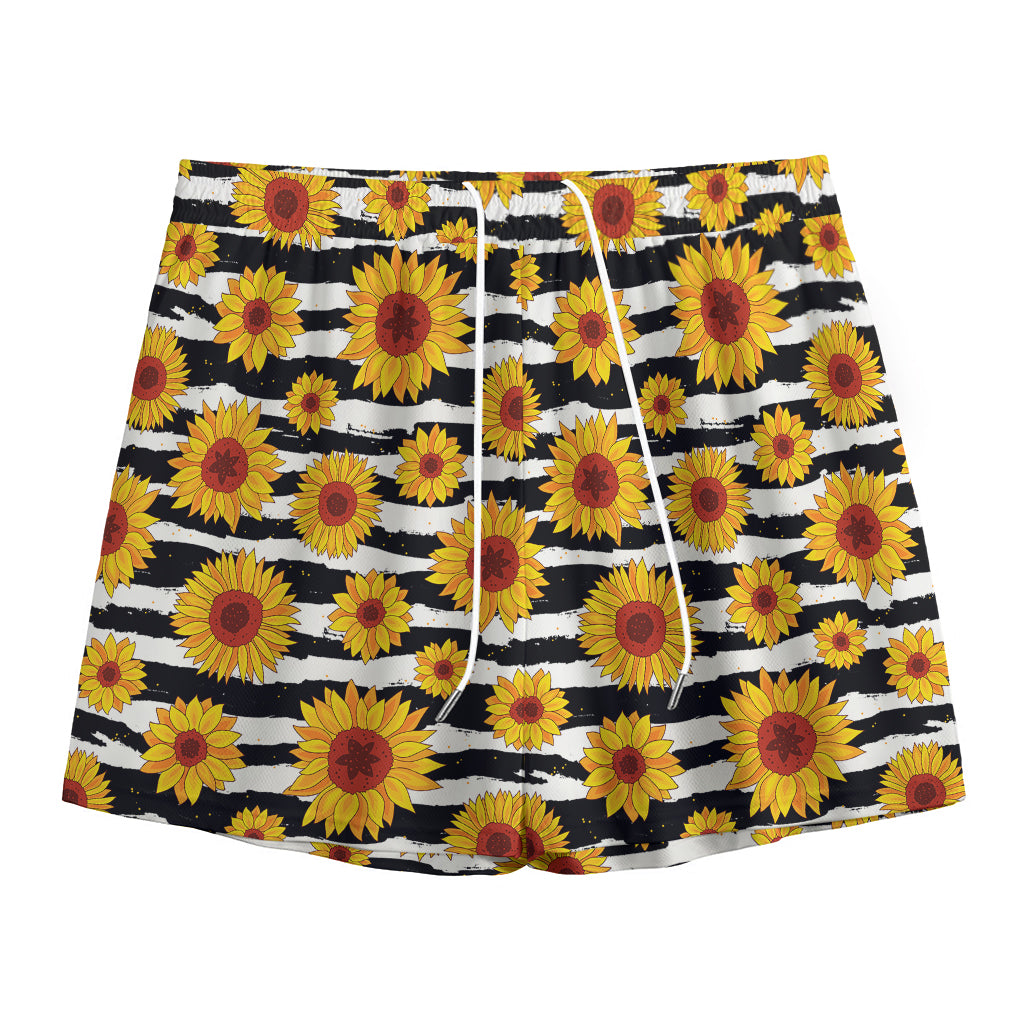 White And Black Stripe Sunflower Print Mesh Shorts