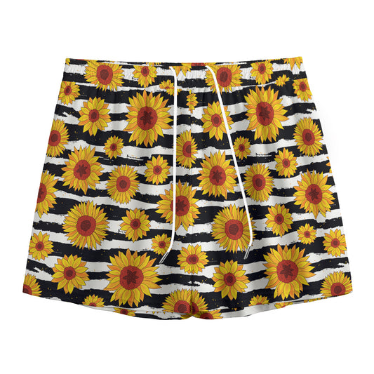 White And Black Stripe Sunflower Print Mesh Shorts