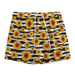 White And Black Stripe Sunflower Print Mesh Shorts