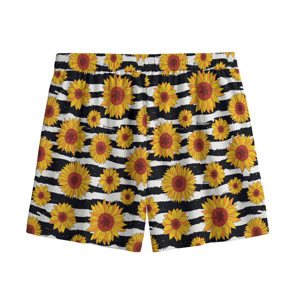 White And Black Stripe Sunflower Print Mesh Shorts