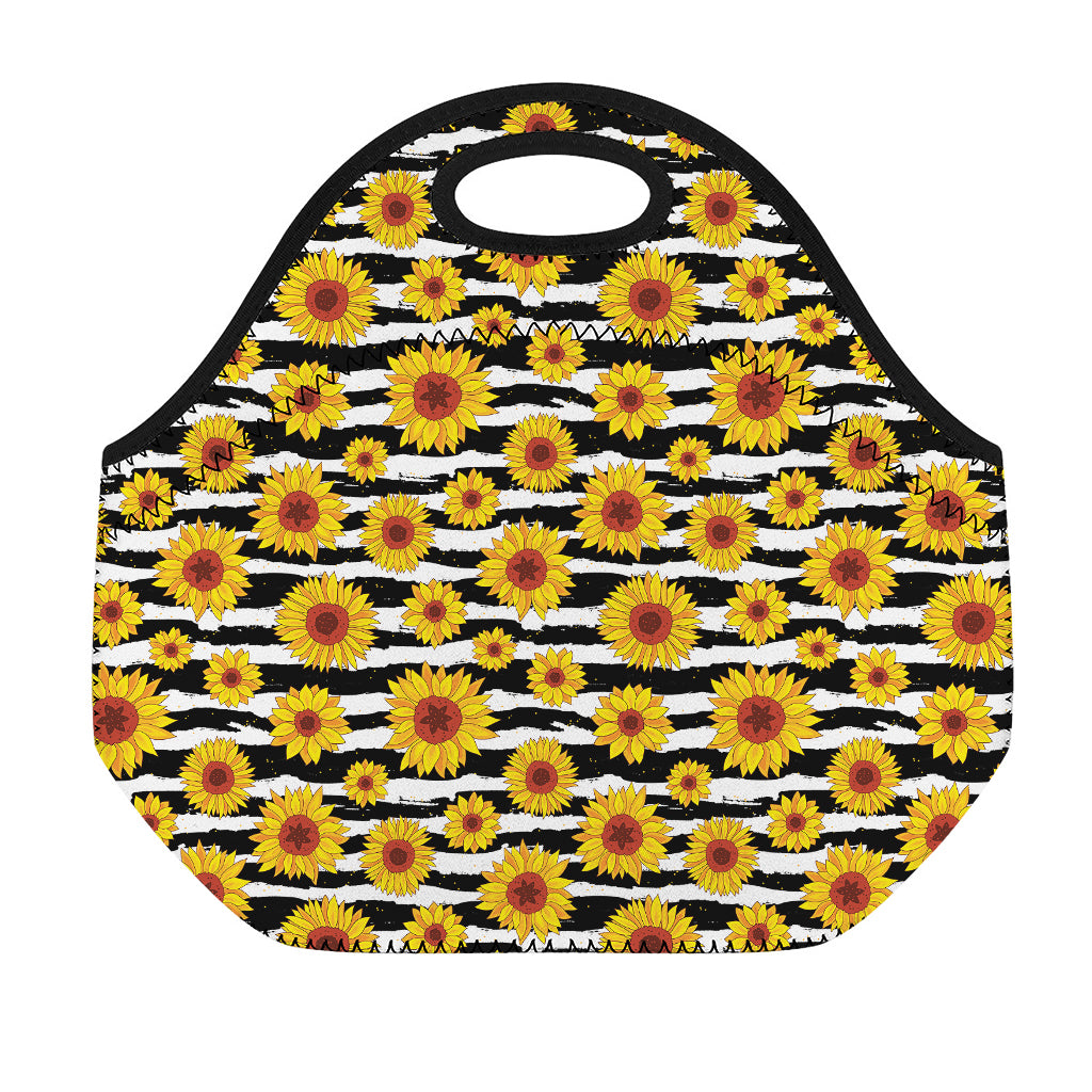 White And Black Stripe Sunflower Print Neoprene Lunch Bag